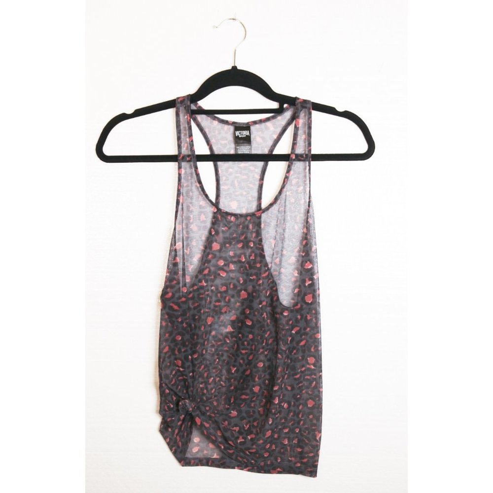 Victoria Sport Mesh Tank  Gray with Black Brown Centered Leopard Print xs